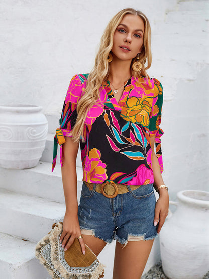 Blouses- Summer Women's Tie-Up Short Sleeve Blouse with Abstract Print- - IndioGear Fashion and Gear