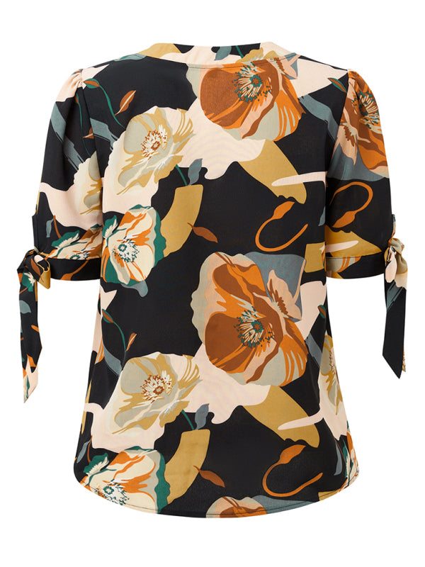 Blouses- Summer Women's Tie-Up Short Sleeve Blouse with Abstract Print- - IndioGear Fashion and Gear