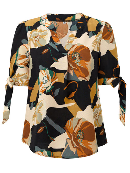 Blouses- Summer Women's Tie-Up Short Sleeve Blouse with Abstract Print- - IndioGear Fashion and Gear