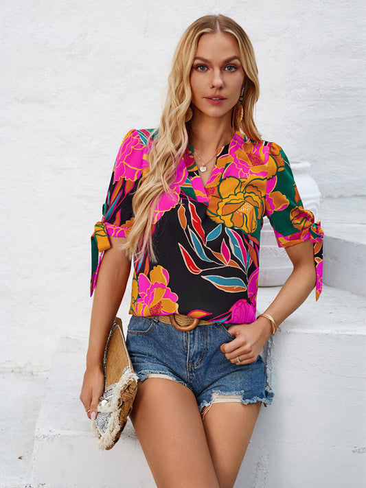 Blouses- Summer Women's Tie-Up Short Sleeve Blouse with Abstract Print- Hot pink- IndioGear Fashion and Gear