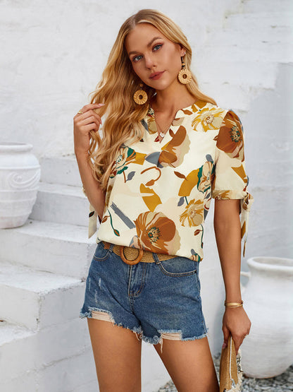 Blouses- Summer Women's Tie-Up Short Sleeve Blouse with Abstract Print- Cracker khaki- IndioGear Fashion and Gear