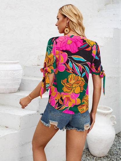 Blouses- Summer Women's Tie-Up Short Sleeve Blouse with Abstract Print- - IndioGear Fashion and Gear