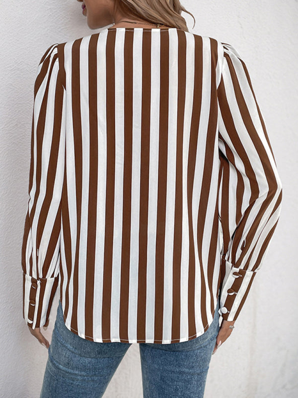 Blouses- Tailored Stripe Blouse Brown & White Top for Women- - IndioGear Women Clothing