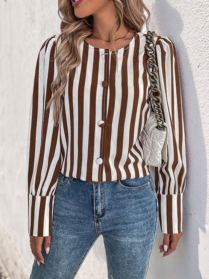 Blouses- Tailored Stripe Blouse Brown & White Top for Women- - IndioGear Women Clothing