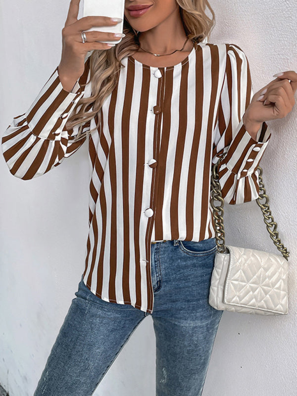 Blouses- Tailored Stripe Blouse Brown & White Top for Women- - IndioGear Women Clothing