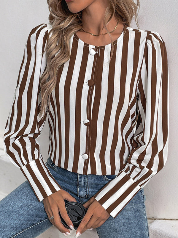 Blouses- Tailored Stripe Blouse Brown & White Top for Women- - IndioGear Women Clothing