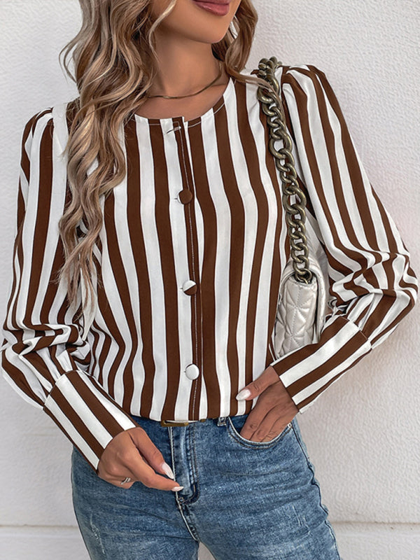 Blouses- Tailored Stripe Blouse Brown & White Top for Women- Brown- IndioGear Women Clothing