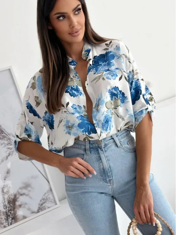 Blouses- Vibrant Floral Print Casual Blouse- Blue- IndioGear.com