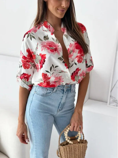 Blouses- Vibrant Floral Print Casual Blouse- - IndioGear.com