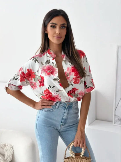 Blouses- Vibrant Floral Print Casual Blouse- Red- IndioGear.com