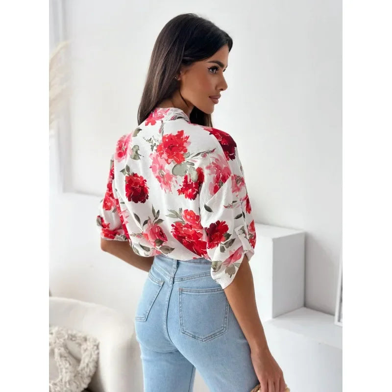 Blouses- Vibrant Floral Print Casual Blouse- - IndioGear.com