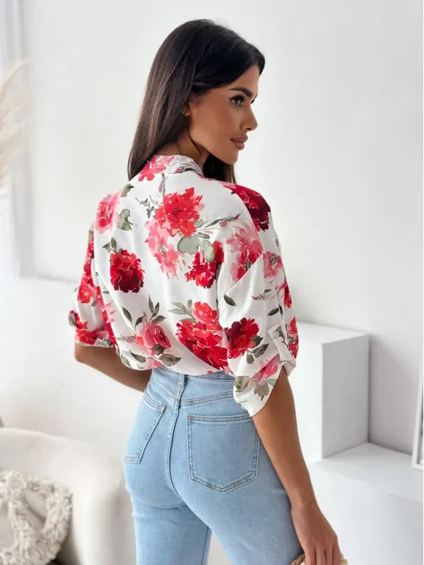 Blouses- Vibrant Floral Print Casual Blouse- - IndioGear.com