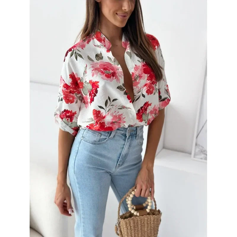 Blouses- Vibrant Floral Print Casual Blouse- - IndioGear.com