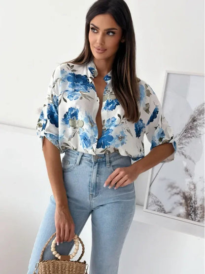 Blouses- Vibrant Floral Print Casual Blouse- - IndioGear.com