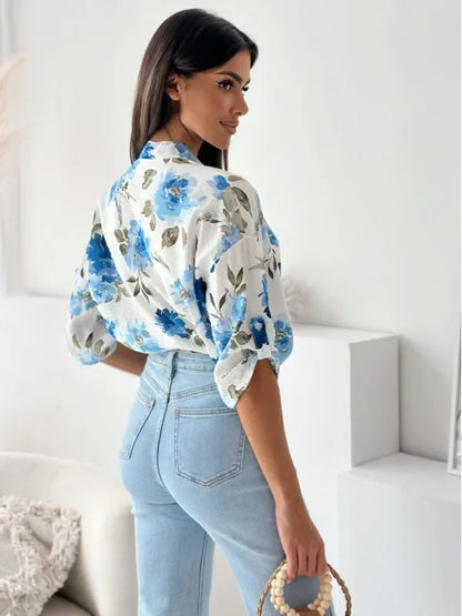 Blouses- Vibrant Floral Print Casual Blouse- - IndioGear.com