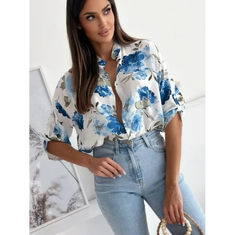 Blouses- Vibrant Floral Print Casual Blouse- - IndioGear.com