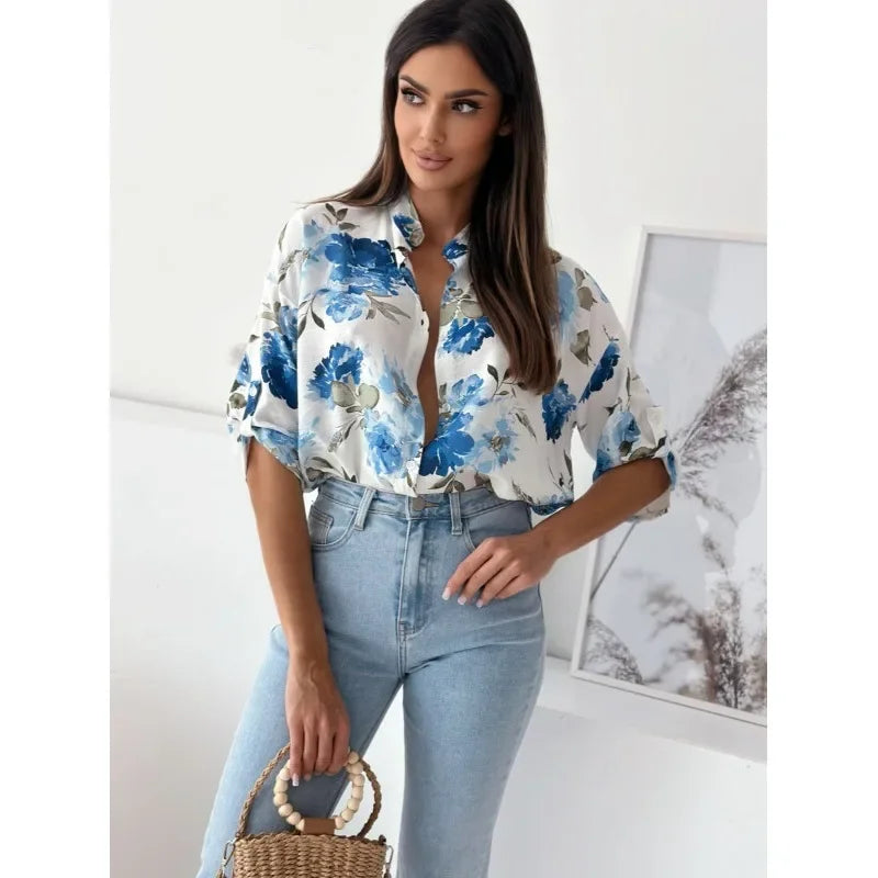 Blouses- Vibrant Floral Print Casual Blouse- - IndioGear.com