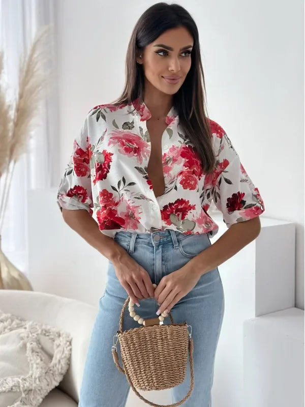 Blouses- Vibrant Floral Print Casual Blouse- - IndioGear.com