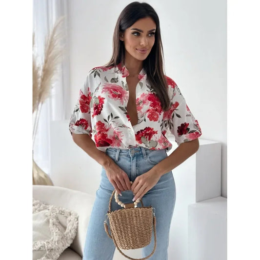 Blouses- Vibrant Floral Print Casual Blouse- - IndioGear.com