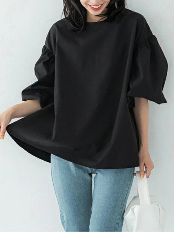 Blouses- Vintage Balloon Sleeves Loose Blouse in Cotton- Black- IndioGear Fashion and Gear