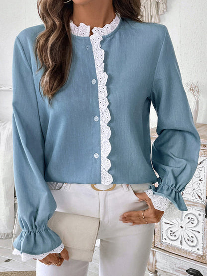 Blouses- Vintage Lace-Trimmed Long Sleeve Blouse- - IndioGear Women Clothing