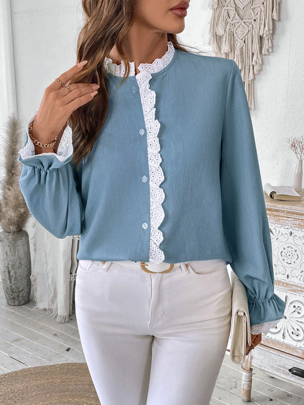 Blouses- Vintage Lace-Trimmed Long Sleeve Blouse- - IndioGear Women Clothing