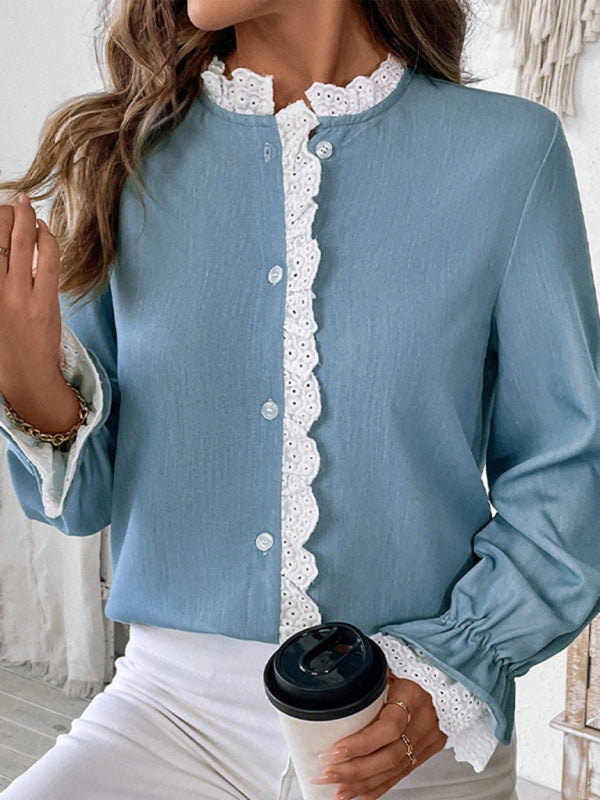 Blouses- Vintage Lace-Trimmed Long Sleeve Blouse- - IndioGear Women Clothing