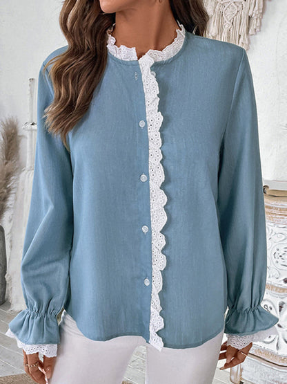 Blouses- Vintage Lace-Trimmed Long Sleeve Blouse- - IndioGear Women Clothing