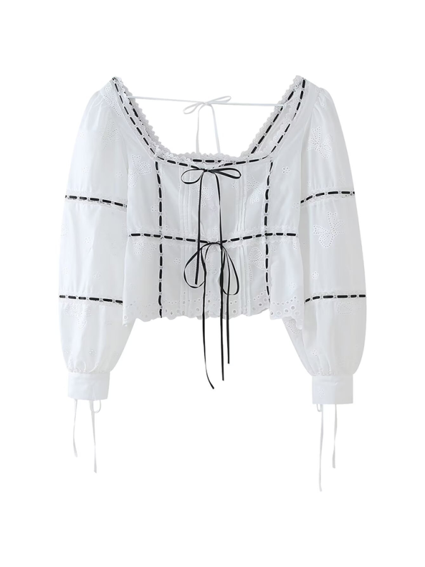 Blouses- Vintage Square Neck Blouse with Embroidered Balloon Sleeves- - IndioGear.com