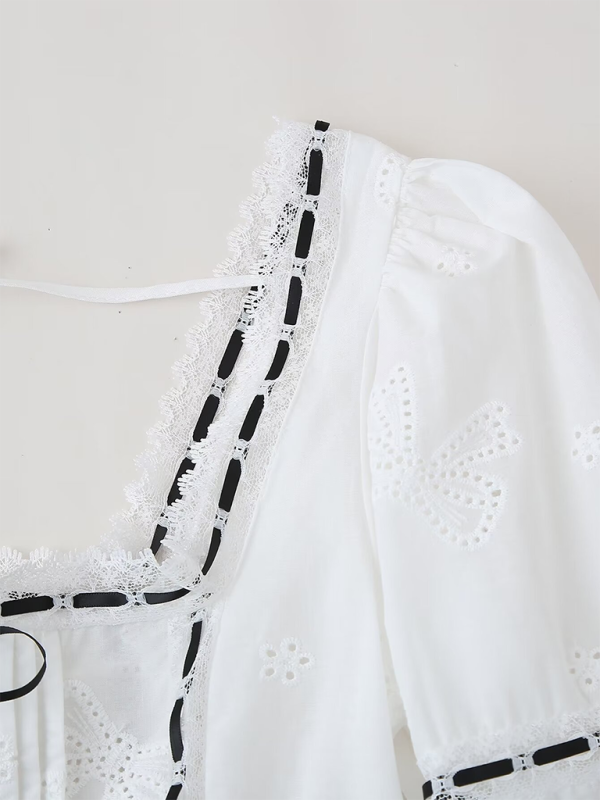 Blouses- Vintage Square Neck Blouse with Embroidered Balloon Sleeves- - IndioGear.com