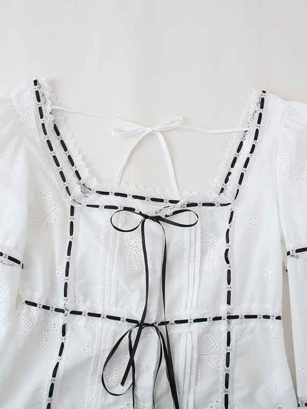 Blouses- Vintage Square Neck Blouse with Embroidered Balloon Sleeves- - IndioGear.com