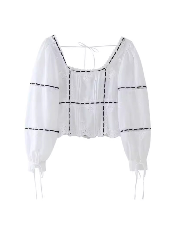 Blouses- Vintage Square Neck Blouse with Embroidered Balloon Sleeves- - IndioGear.com