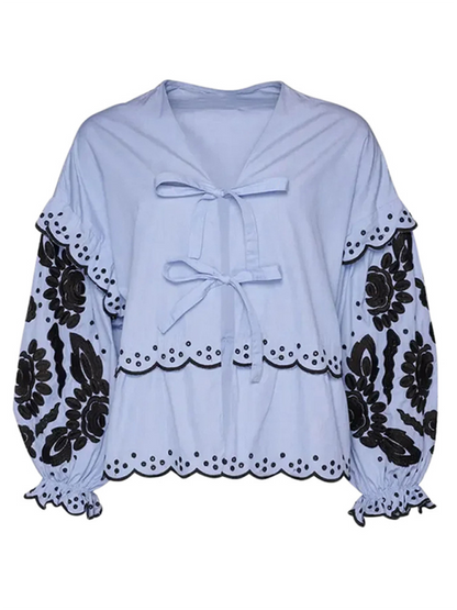 Blouses- Vintage Women's Long Sleeves Lace-Up Blouse with Contrast Embroidery- - IndioGear.com