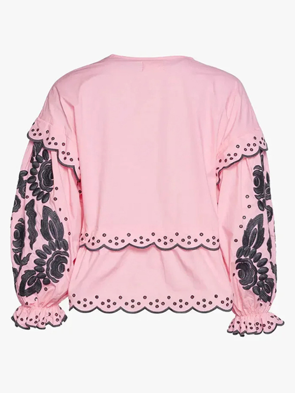 Blouses- Vintage Women's Long Sleeves Lace-Up Blouse with Contrast Embroidery- - IndioGear.com