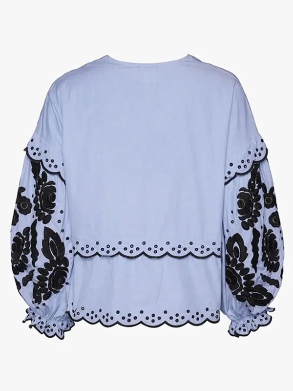 Blouses- Vintage Women's Long Sleeves Lace-Up Blouse with Contrast Embroidery- - IndioGear.com