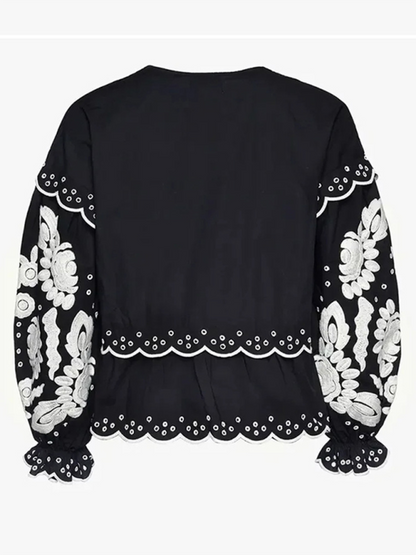 Blouses- Vintage Women's Long Sleeves Lace-Up Blouse with Contrast Embroidery- - IndioGear.com