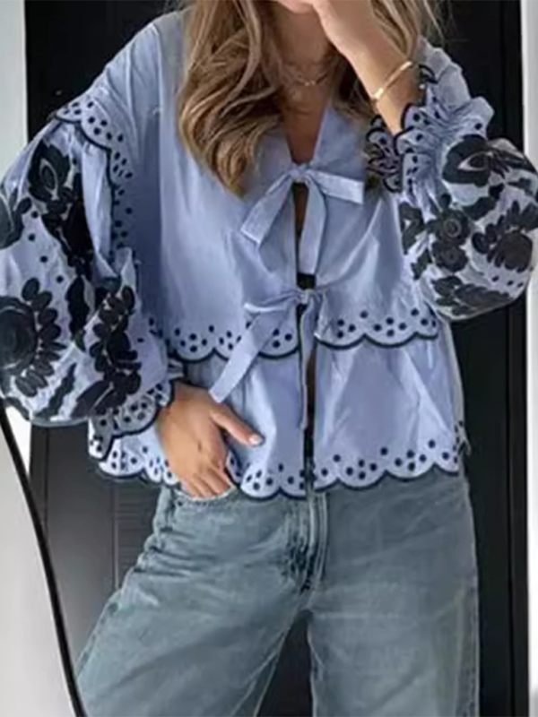 Blouses- Vintage Women's Long Sleeves Lace-Up Blouse with Contrast Embroidery- - IndioGear.com