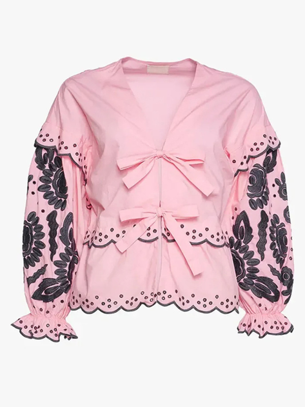 Blouses- Vintage Women's Long Sleeves Lace-Up Blouse with Contrast Embroidery- - IndioGear.com