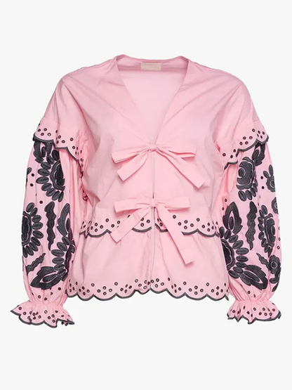 Blouses- Vintage Women's Long Sleeves Lace-Up Blouse with Contrast Embroidery- - IndioGear.com