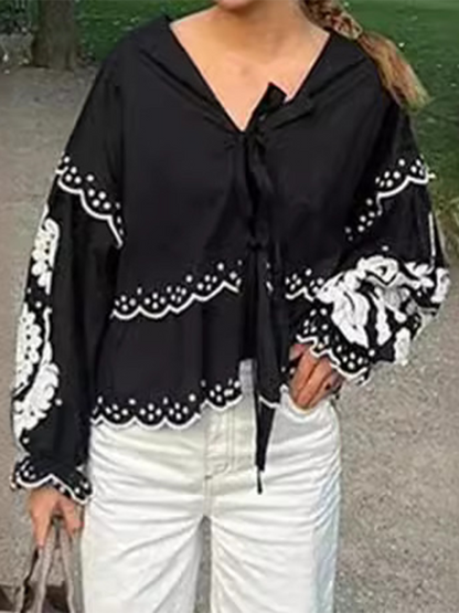 Blouses- Vintage Women's Long Sleeves Lace-Up Blouse with Contrast Embroidery- Black- IndioGear.com