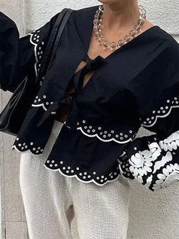 Blouses- Vintage Women's Long Sleeves Lace-Up Blouse with Contrast Embroidery- - IndioGear.com