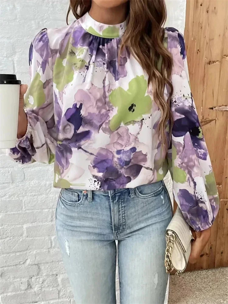 Blouses- Watercolor Floral Blouse with Long Sleeves- - IndioGear.com