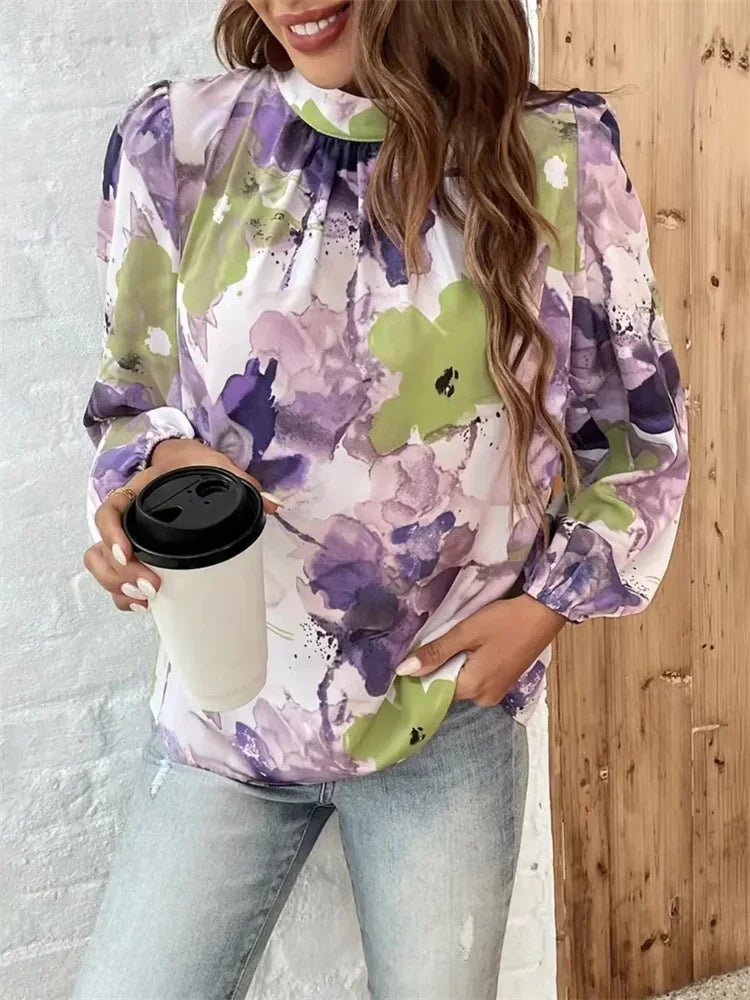 Blouses- Watercolor Floral Blouse with Long Sleeves- - IndioGear.com