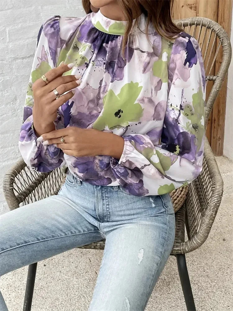 Blouses- Watercolor Floral Blouse with Long Sleeves- - IndioGear.com