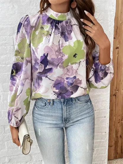 Blouses- Watercolor Floral Blouse with Long Sleeves- - IndioGear.com