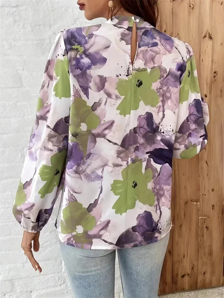 Blouses- Watercolor Floral Blouse with Long Sleeves- - IndioGear.com