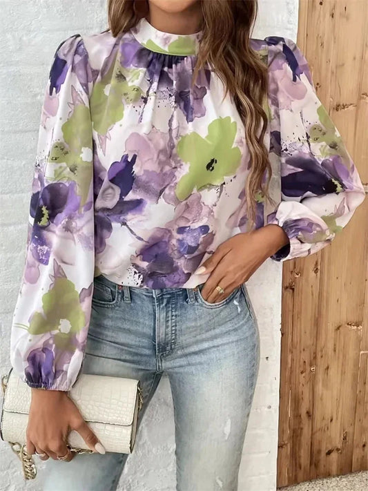 Blouses- Watercolor Floral Blouse with Long Sleeves- Purple- IndioGear.com