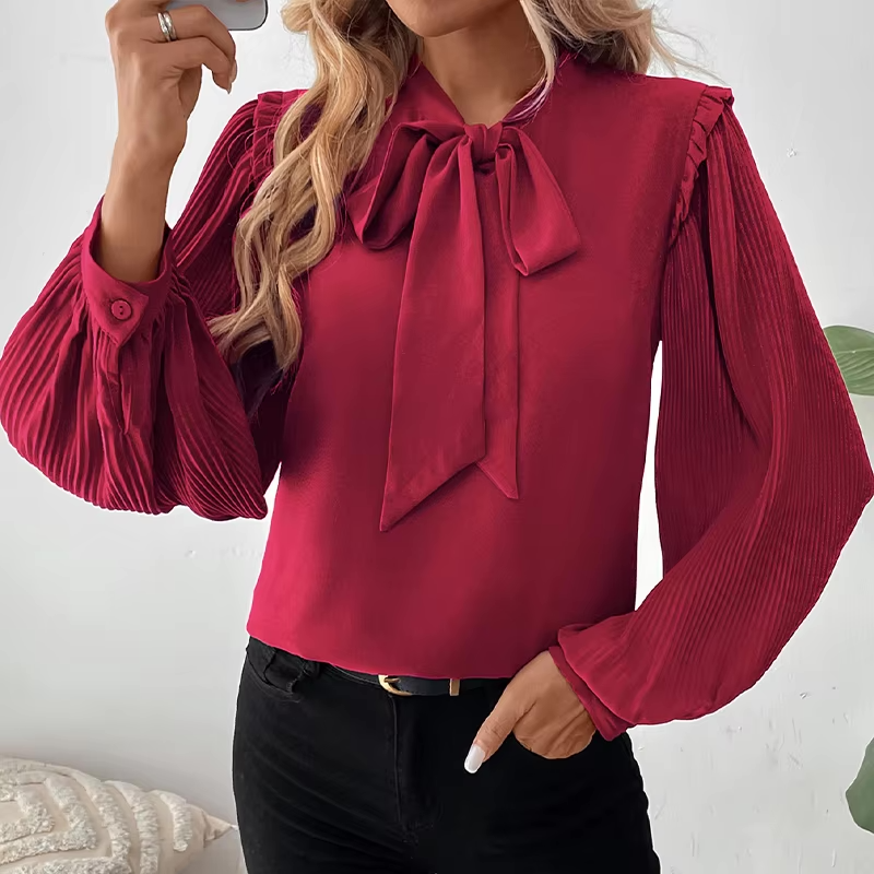 Blouses- Wine Red Bow-Tie Blouse for Office with Long Sleeves- - IndioGear Women Clothing