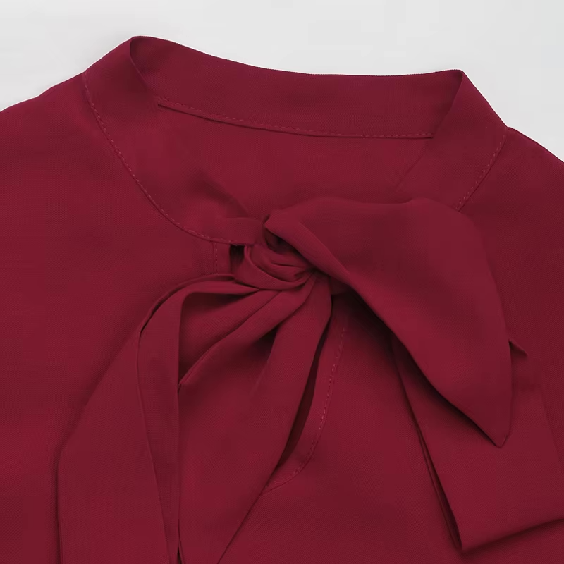 Blouses- Wine Red Bow-Tie Blouse for Office with Long Sleeves- - IndioGear Women Clothing