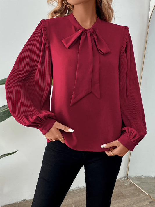 Blouses- Wine Red Bow-Tie Blouse for Office with Long Sleeves- Wine Red- IndioGear Women Clothing